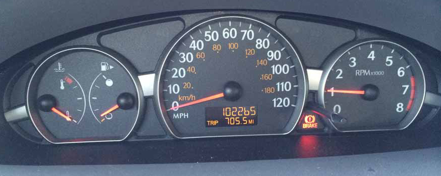 Instrument cluster of Mike Rutledge's 2004 Saturn Ion showing the odometer, RPM, and fuel gauge after the NEWROCKIES PRO Module fixed the no-start problem