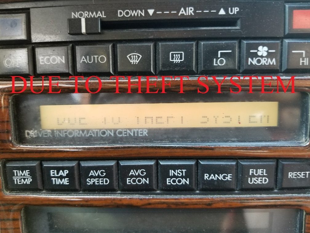 Cadillac Allante dashboard display reading DUE TO THEFT SYSTEM